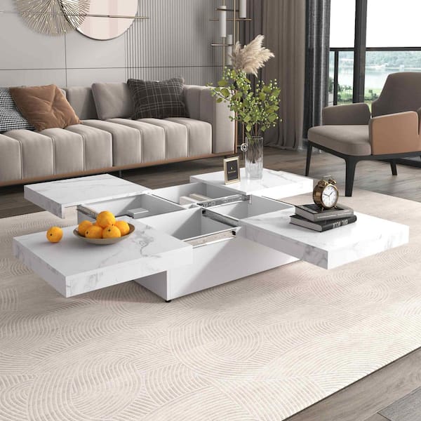 Polibi 39.4 in. White Square MDF Coffee Table with 2 Drawers