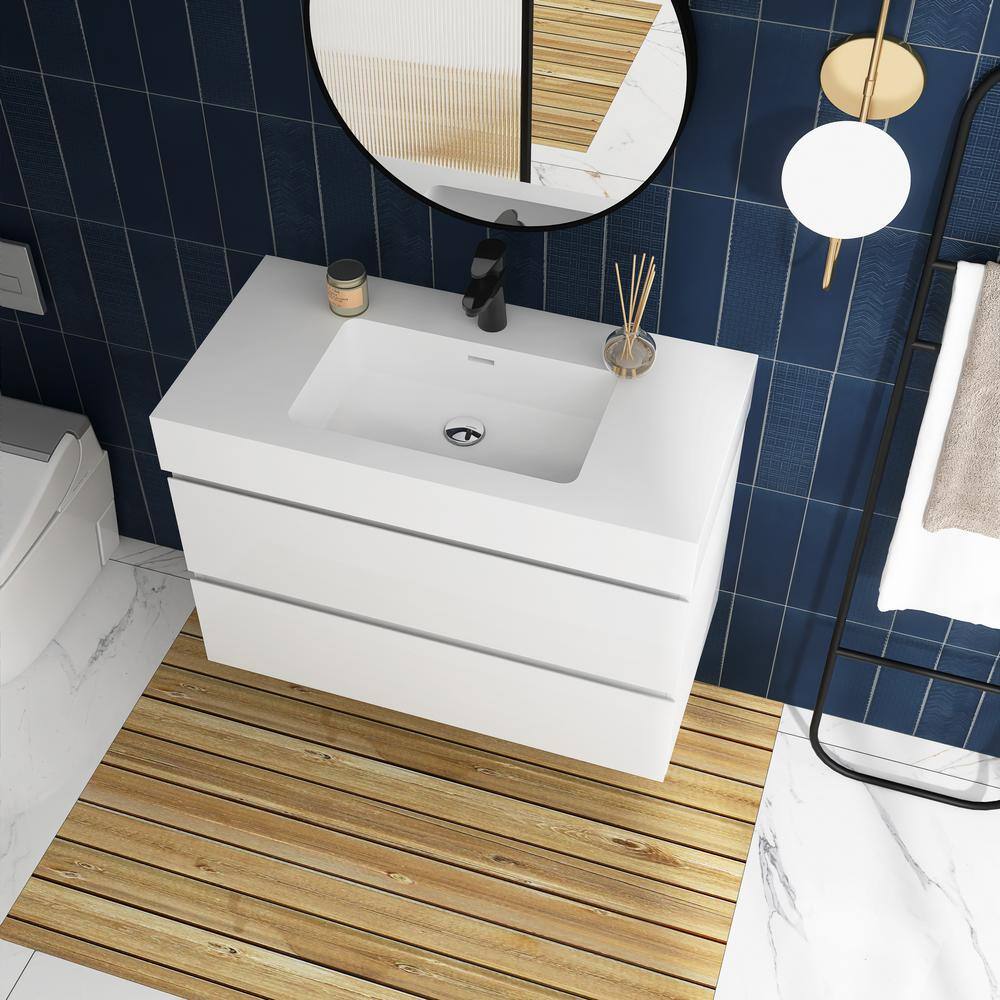 White MDF Wall-Mounted Bathroom Vanity with Resin Sink, 36"
