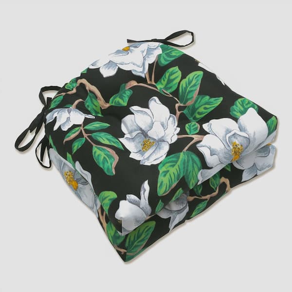 Pillow Perfect Floral 16 in. x 15.5 in. Outdoor Dining Chair Cushion in Black/White/Green (Set of 2)