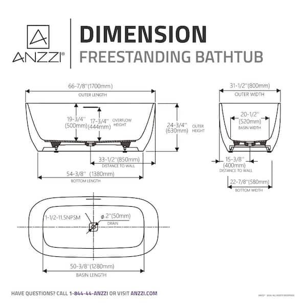 ANZZI Piete Series 68 x 32 Soaking Flat Bottom Freestanding
