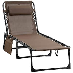 Reclining Metal Outdoor Lounge Chair, Portable Sun Lounger with Adjustable Backrest and Removable Pillow in Brown