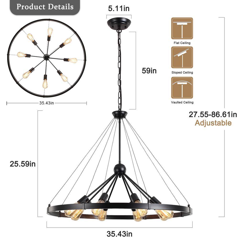 Large Black Metal Wagon Wheel Chandelier with 8 Lights