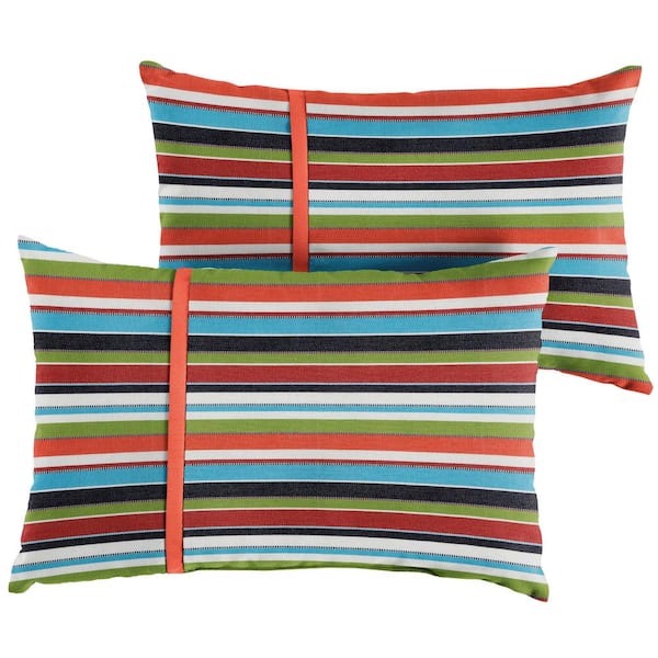 SORRA HOME Sunbrella Colorful Stripe with Melon Coral Orange Rectangular Outdoor Knife Edge Lumbar Pillows (2-Pack)