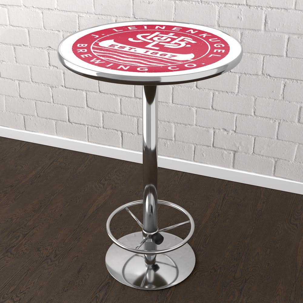 Leinenkugel Stamp 27 in. Chrome/Red Round Table with Adjustable Foot Rest