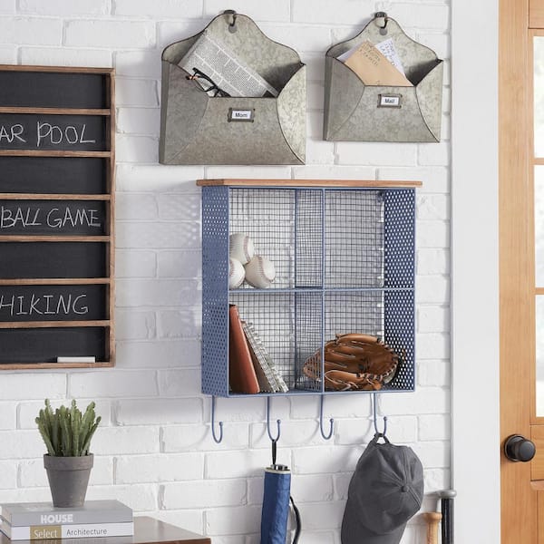23 in. H x 19 in. W x 6 in. D Steel Blue Metal Wall-Mount Storage Shelf with 4 Hooks and Cubbies