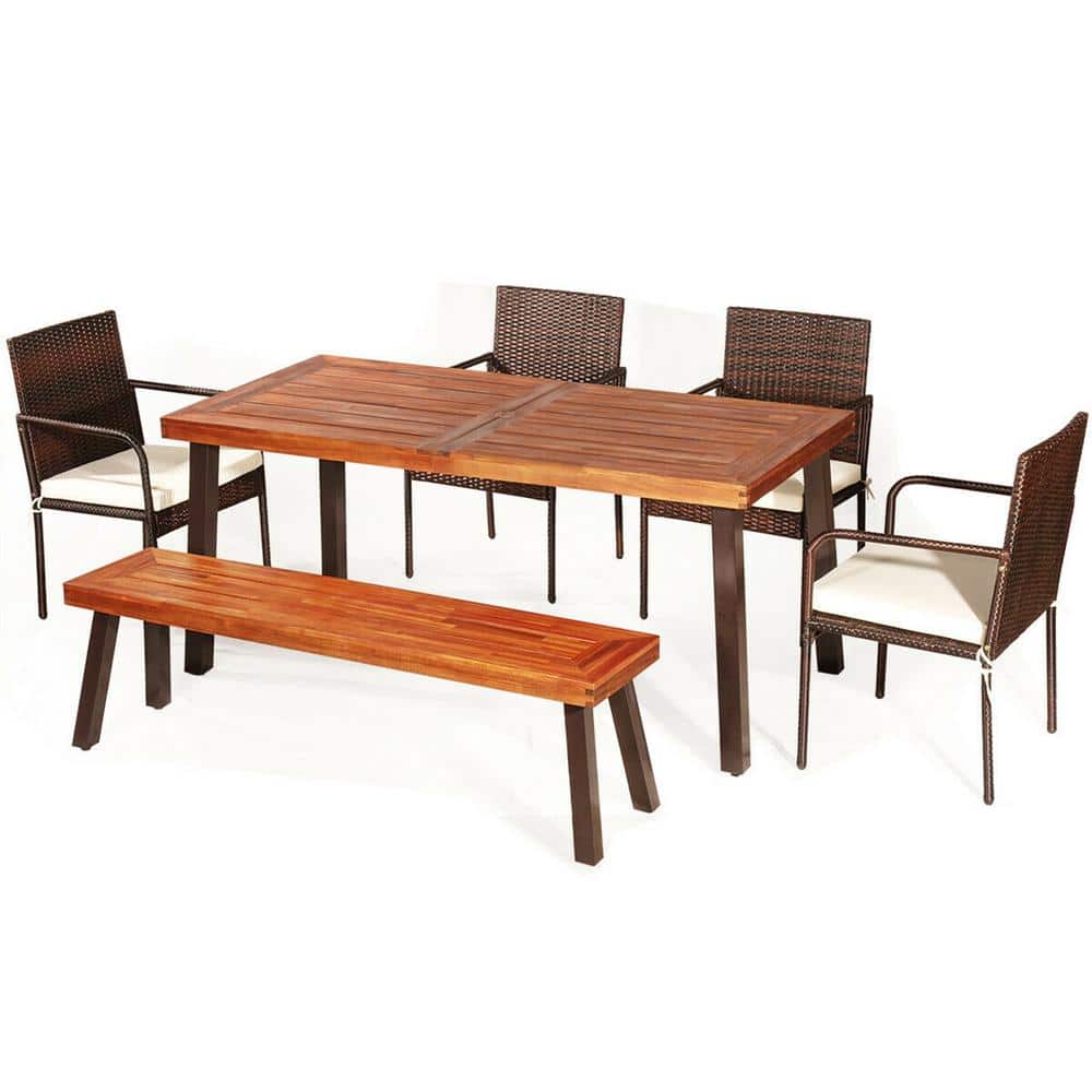 Gymax 6Piece Patio Wood Rattan Outdoor Dining Set with Acacia Wood