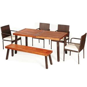 6-Piece Patio Wood Rattan Outdoor Dining Set with Acacia Wood Tabletop with White Cushions