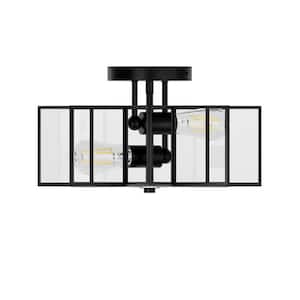 16.3 in. 2-Light Black-Octagon Modern Semi-Flush Mount With Clear Glass Shade and No Bulbs Included