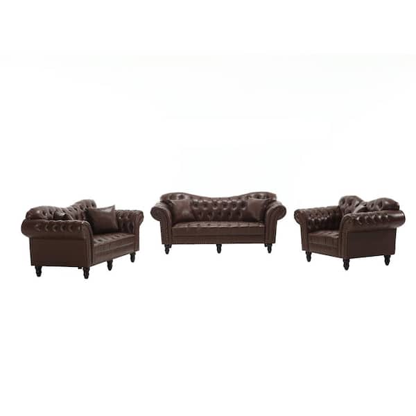 Morden Fort 3-Piece Bonded Leather Living Room Sofa Set with Chesterfield Design in Brown