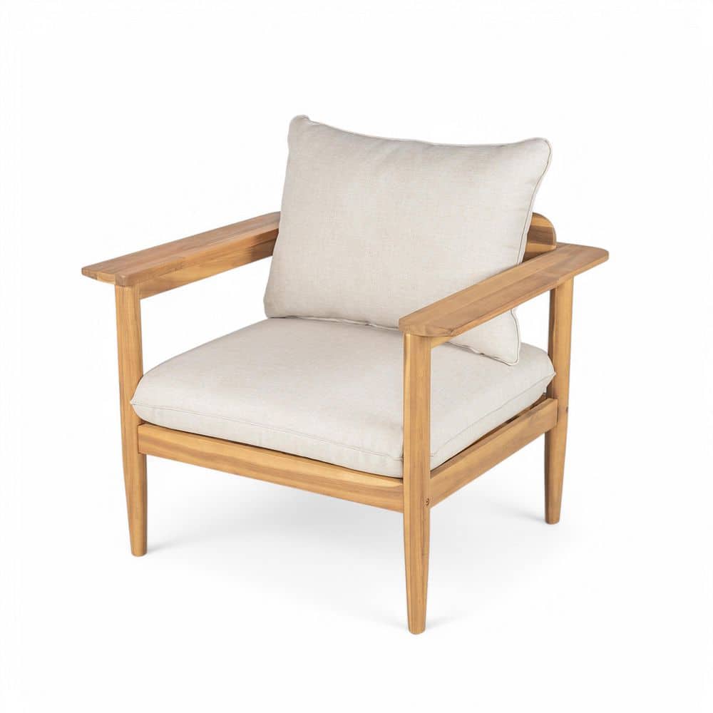 Terassi Patio Solid Wood Outdoor Lounge Chair with Beige Cushions, Light Teak