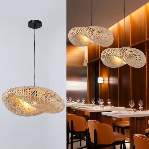 Industrial 23.64 in. 1-Light Large Chandelier Pendant Light with Bamboo Shade, Adjustable Height