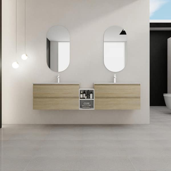 UPIKER Bohemia 84 in. W X 18.3 in. D x 20.5 in. H Floating Bath Vanity in Light Oak with White Ceramic Vanity Top