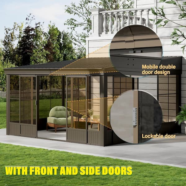 12 ft. x 14 ft. Wall-Mounted Four-Season Solarium with Sliding Glass Doors for Outdoor Living & Patio Enclosure