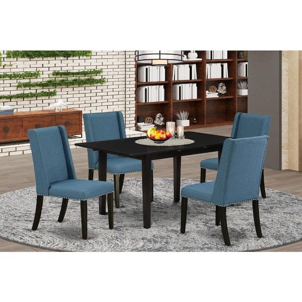 East West Furniture 5-Piece Black Finish Solid Wood Top - Rectangular Upholstered Dining Room Set with Butterfly Leaf - Seats 4