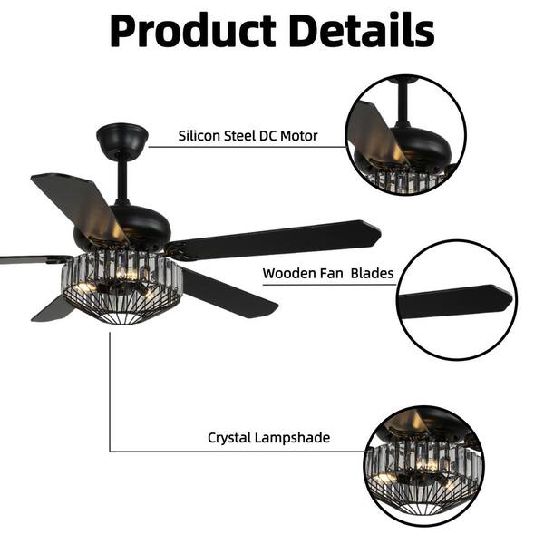 Ten-Qoo　1205 Keazile 52 in. Modern Crystal Ceiling Fan with 3 Light, 5