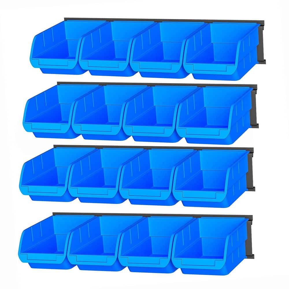 Wall Mounted Storage Rack 16 pcs Blue Plastic Organizer Bins with 4 Steel Rails for Garage Tools and Hardware price history on PriceWatchPro
