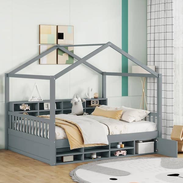 Harper & Bright Designs Gray Full Size Wooden House Bed with Multiple Storage Shelves, Mini Cabinet with Door
