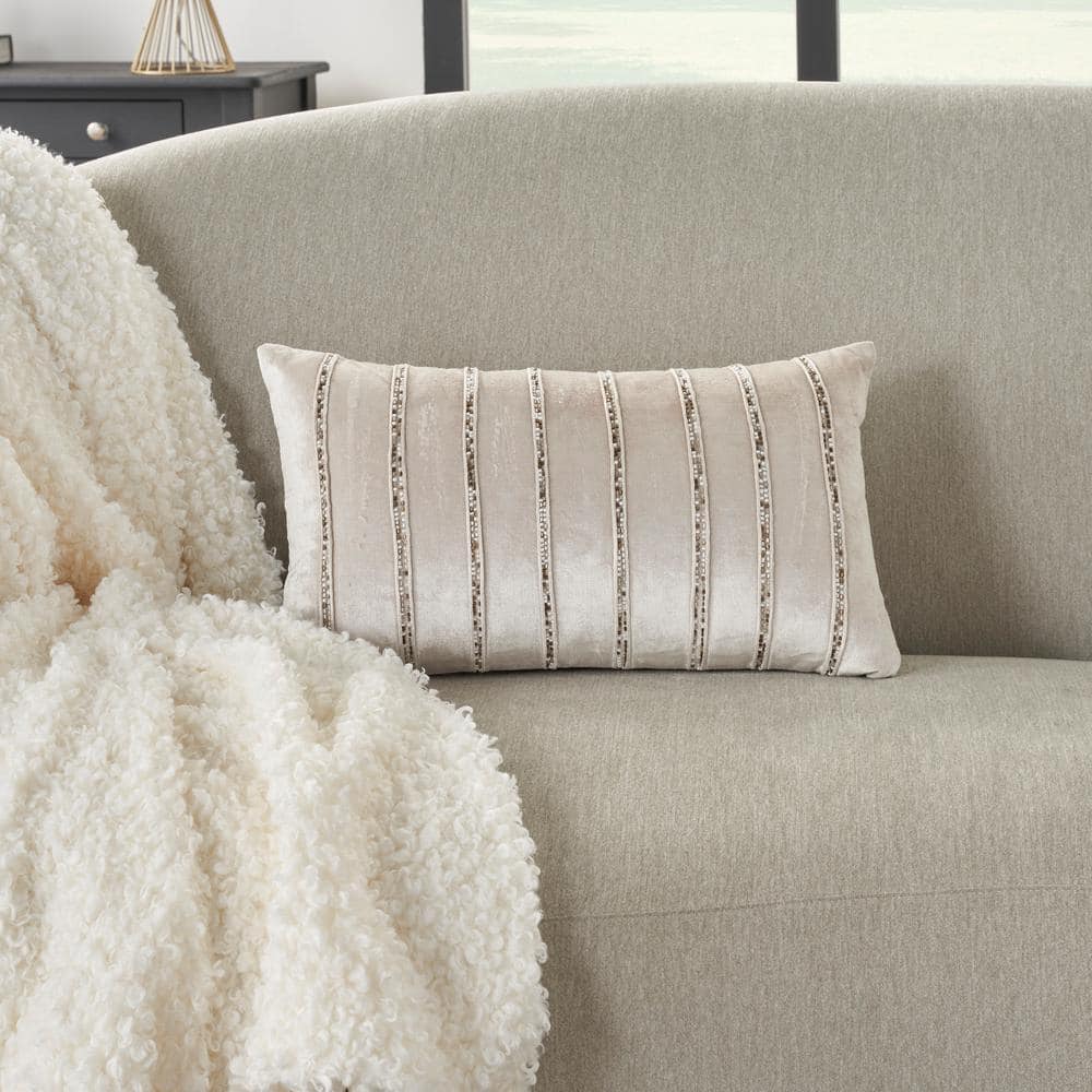 Beige Velvet Lumbar Pillow with Beaded Stripes 12" x 21"
