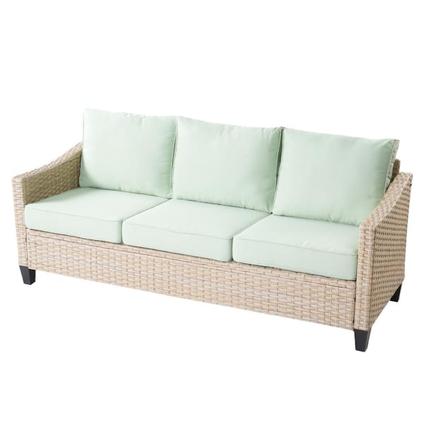 weaxty W Camelia B Beige 8-Piece Wicker Patio New Style Rectangular Fire Pit Seating Set with Mint Green Cushions