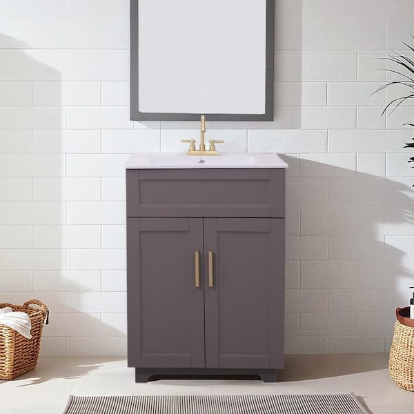 24 in. W x 18 in. D x 35 in. H Single Bathroom Vanity in Gray With White Ceramic Top Unassembled