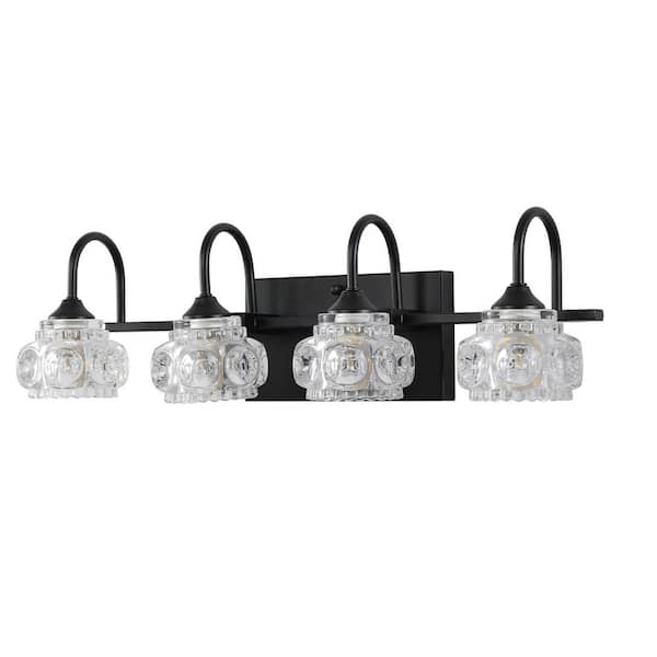 22.8 in. 4-Light Modern Black Crystal Bathroom Vanity Light with Clear Glass Shade for Bathroom(Blulbs Not Included)