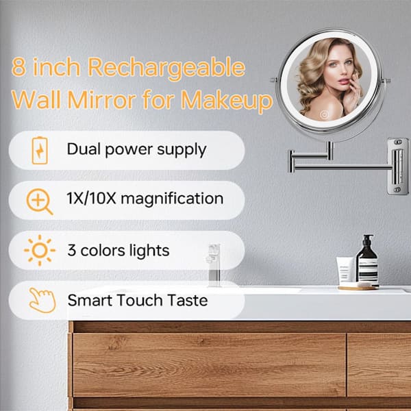 LED Lighted 8 in. W x 8 in. H Round 2 Side 1x/10x Magnifying Wall Bathroom Makeup Mirror in Chrome (Type-C Charge)