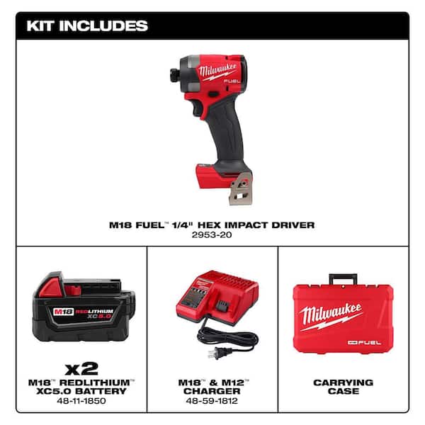 M18 FUEL 18V Lithium-Ion Brushless Cordless 1/4 in. Hex Impact Driver Kit with Two 5.0Ah Batteries Charger Hard Case