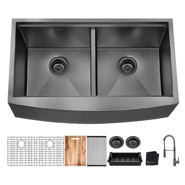 33 in. Farmhouse/Apron-Front Double Bowl 18 Gauge Gunmetal Black Stainless Steel Workstation Kitchen Sink with Faucet
