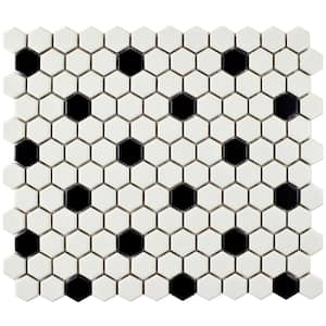 Metro 1 in. Hex Matte White with Black Dot 6 in. x 6 in. Porcelain Mosaic Take Home Tile Sample