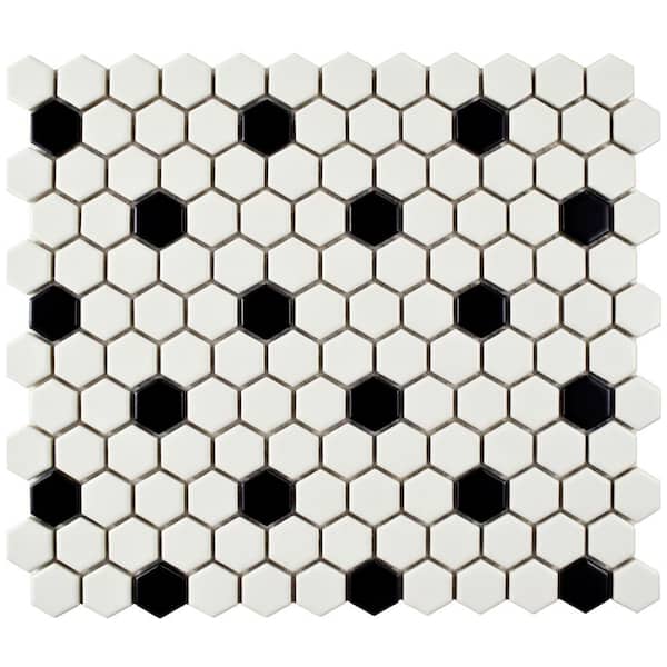 Merola Tile Metro 1 in. Hex Matte White with Black Dot 6 in. x 6 in. Porcelain Mosaic Take Home Tile Sample
