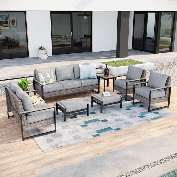 Sonkuki 7 Pieces Patio Conversation Set Sofa Set with Ottomans and Side Table Gray PE Wicker with Linen Grey Cushion
