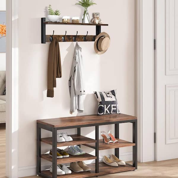 24 in. W x 4.52 in. D Rustic Brown Decorative Wall Shelf Coat Rack with Shelf and Hooks