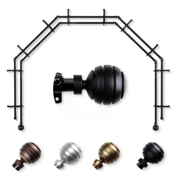 EMOH 13/16" Dia Adjustable 5-Sided Double Bay Window Curtain Rod 28 to 48" (each side) with Ysabel Finials in Black
