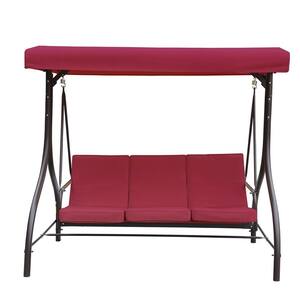 Red 3-Person Metal Outdoor Patio Swing Chair Yard Lounge Chair with Adjustable Canopy and Removable Cushions
