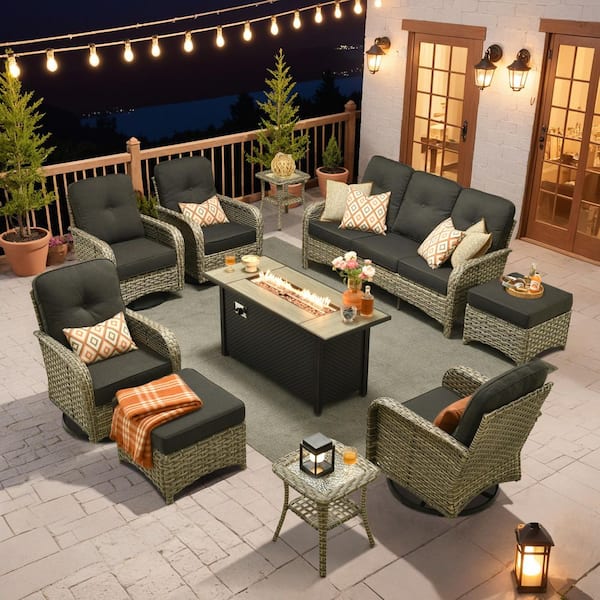 Beverly 10-Piece Wicker Patio Conversation Sofa Swivel Chairs Set with Metal Fire Pit Table and Black Cushions