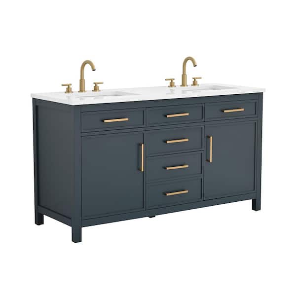 Cooper 60 in. W Bath Vanity in Vintage Blue with Engineered Stone Top in Ariston White with White Sinks