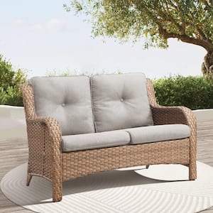 Yellow PE Wicker Outdoor Loveseat with Beige Cushions and Curved Armrests