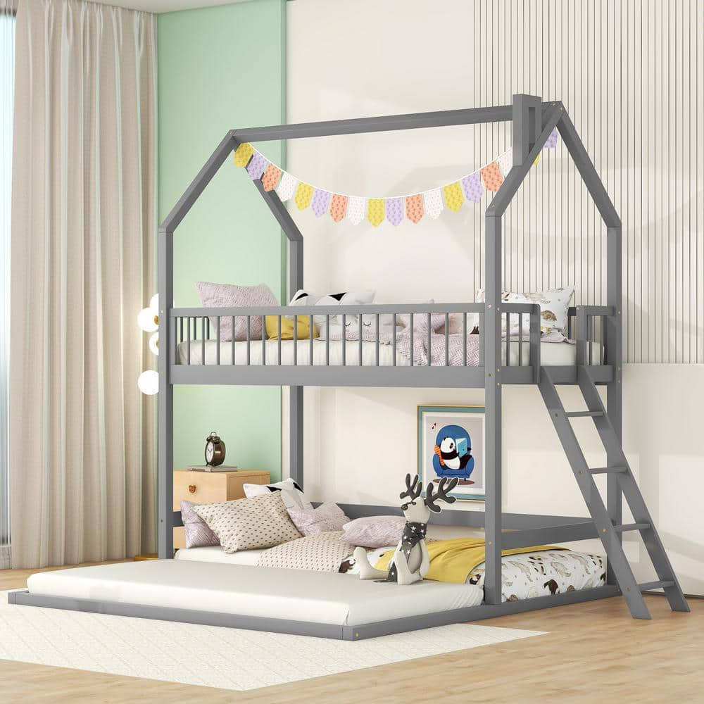 Polibi Gray Twin Over Twin-Twin House Bunk Bed With Extending Trundle ...