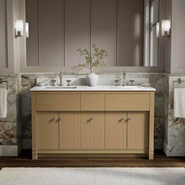 Alouette 60 in. Double SinkLight Oak Bath Vanity Cabinet with Sinks and Quartz Top