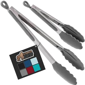 2-Piece 9 in. and 12 in. Stainless Steel Heat Resistant Grill Tongs in Gray