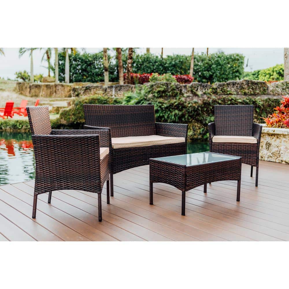 4-Piece Brown Wicker Outdoor Seating Set with Beige Cushions
