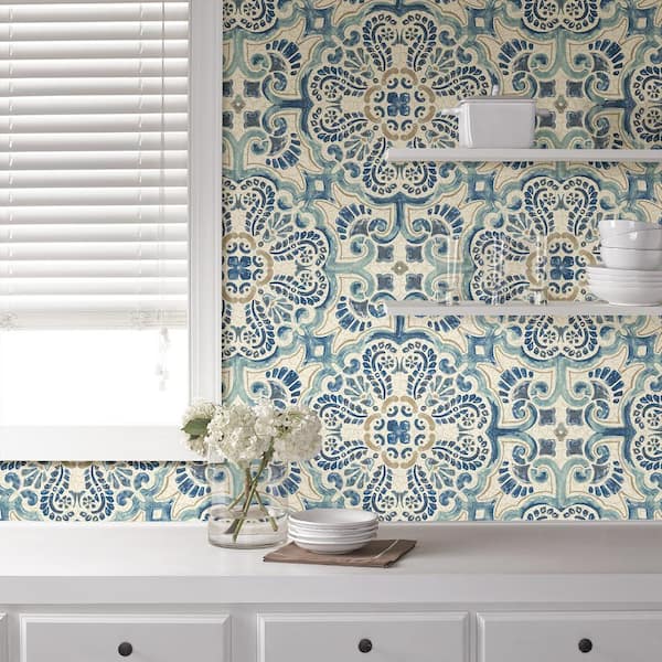 Blue Florentine Tile Vinyl Peel & Stick Wallpaper Roll (Covers 30.75 Sq. Ft.)