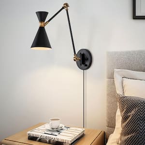 1-Light Outer Black Inner White Swing Arm Plug-in/Hardwired Wall Lamp with Brass Accent