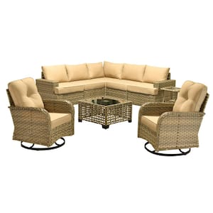 Aimee 9-Piece Wicker Patio Conversation Seating Sofa Set with Beige Cushions and Swivel Rocking Chairs