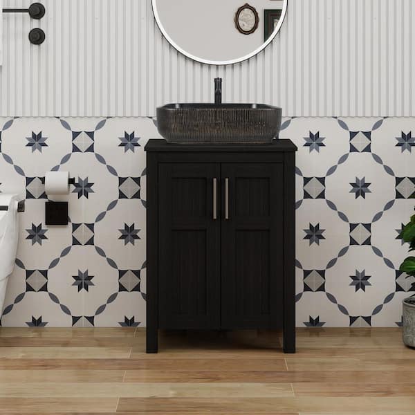 24 in. W x 18.1 in. D x 31.7 in. H Single Sink Black Bath Vanity with Black Solid Surface Top Black/Brown Sink