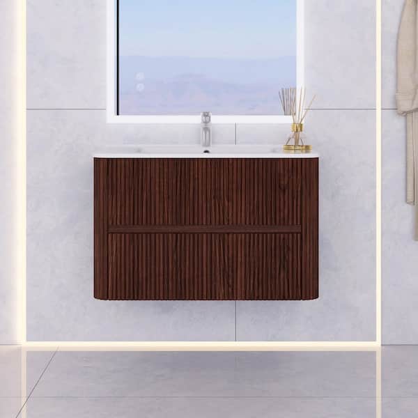 NOOR 30 in. W Single Sink Wall-Mounted Bath Vanity in Deep Walnut with White Ceramic Top