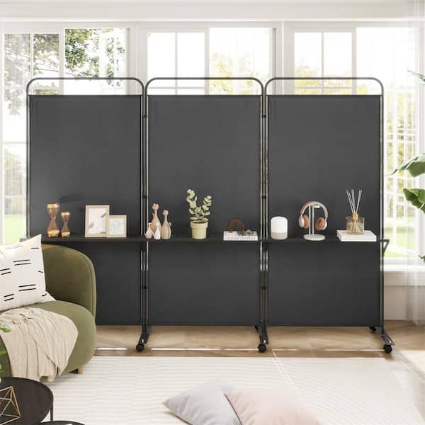 74 in. Tall Black 3-Panel Room Divider with Storage Shelves Folding Privacy Screen on Wheels