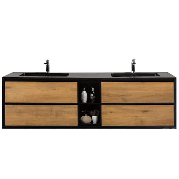 Vienna 75 in. Double Sink Floating Oak Bath Vanity with Black Acrylic Top (Assembled)