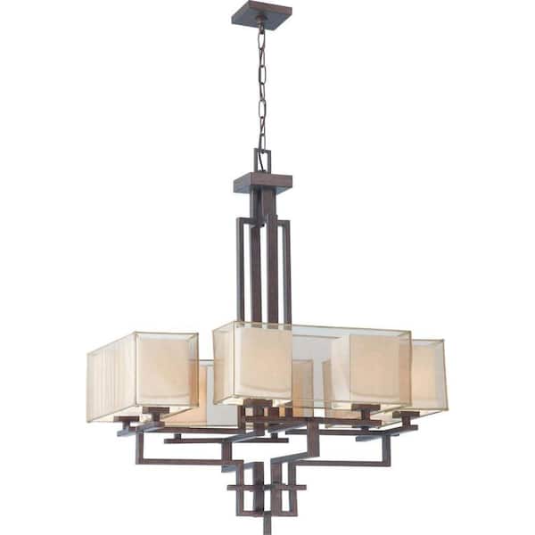 Glomar 8-Light Chandelier with Gold Sheer & Beige Linen Fabric Shades Finished in Corvo Bronze-DISCONTINUED
