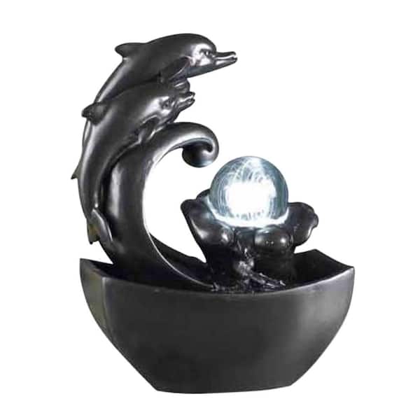 OK LIGHTING 9 in. Black Dolphin Tabletop Fountain